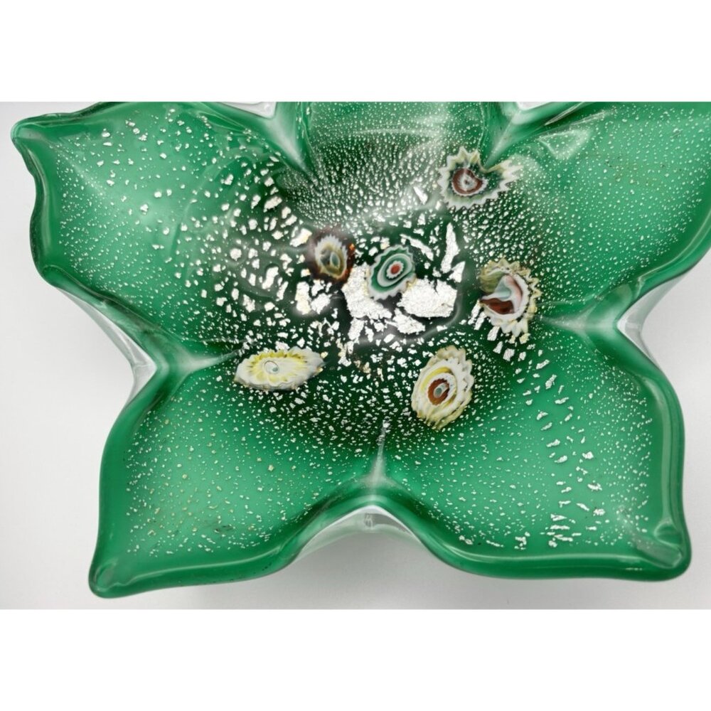 Vintage Fratelli Toso Murano Italy Green Glass w/ Millifiori Candy Dish Ashtray - Picture 6 of 7